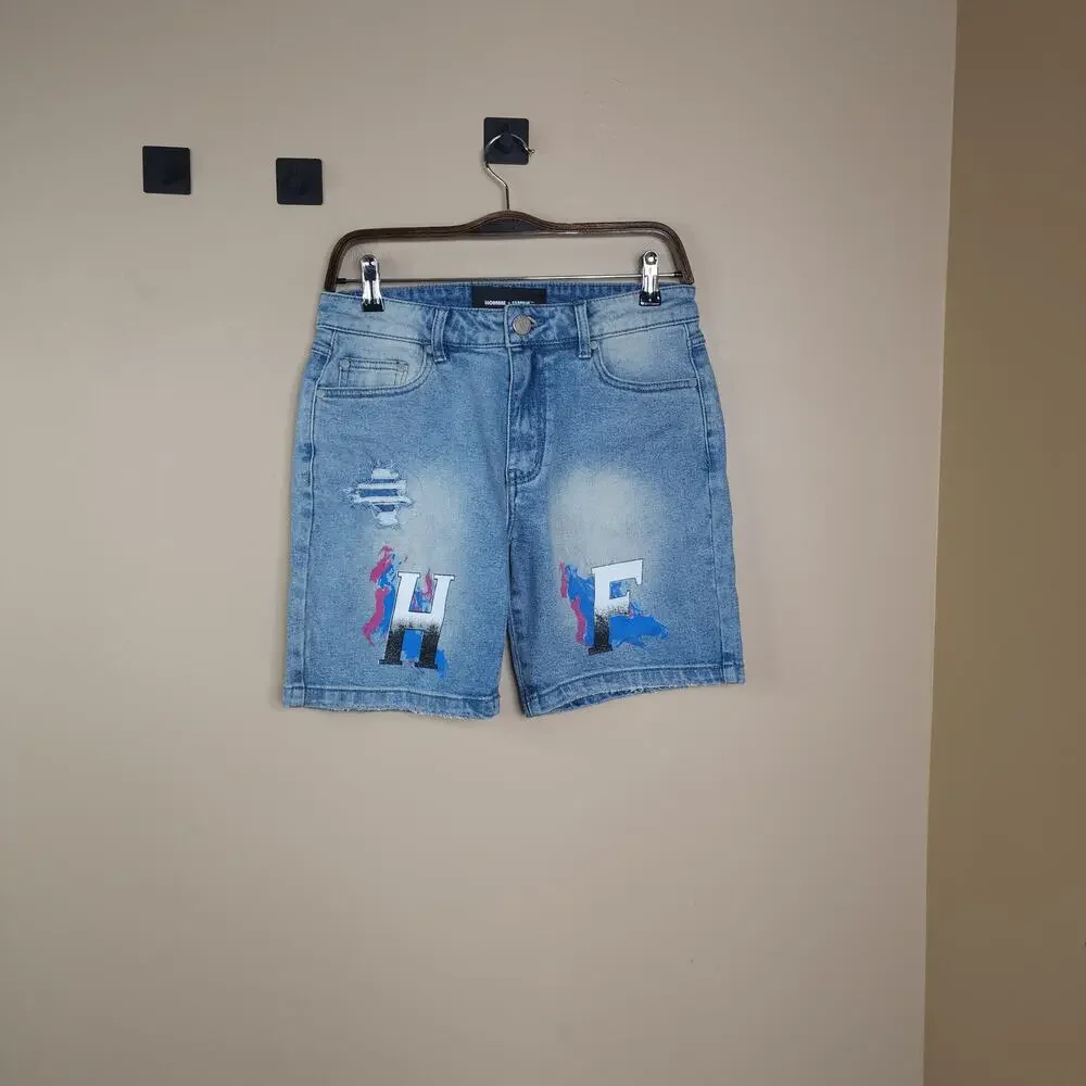 Homme + Femme Hand Paint Logo Distressed Denim Jean Shorts With Rips Size 30